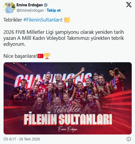 Emine Erdoğan’dan Filenin Sultanları’na tebrik mesajı!