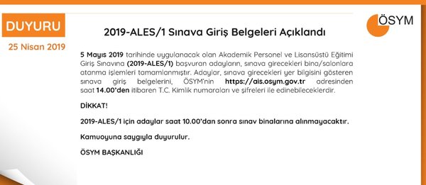 ALES sınav giriş belgesi açıklandı! ÖSYM-2019 ALES/1 sınav yerleri