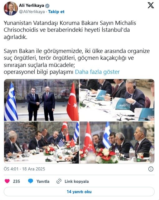 Bakan Yerlikaya, Yunanistan Vatandaşı Koruma Bakanı Chrisochoidis ile görüştü!