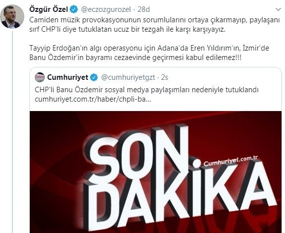 CHP’li Özgür Özel, camilerden Çav Bella çalınmasına sevinen Banu Özdemir’e destek çıktı