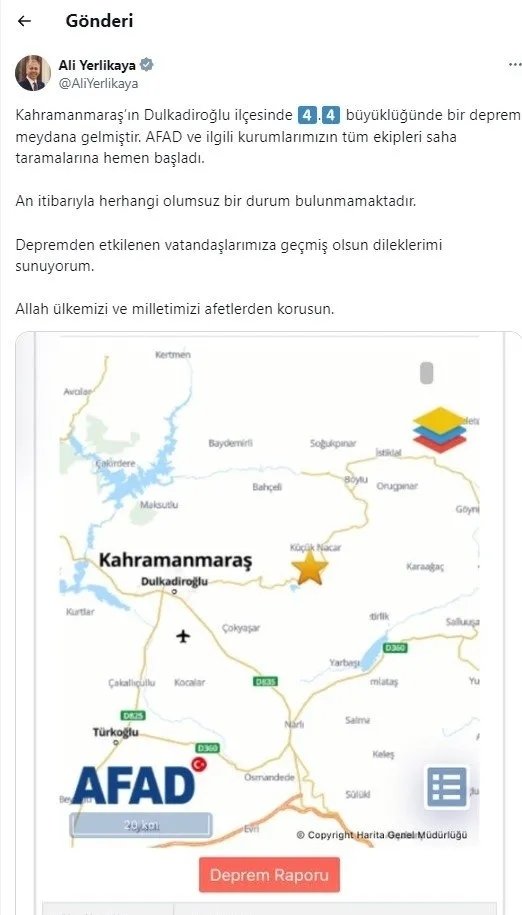 Kahramanmaraş’ta 4,4 büyüklüğünde deprem!