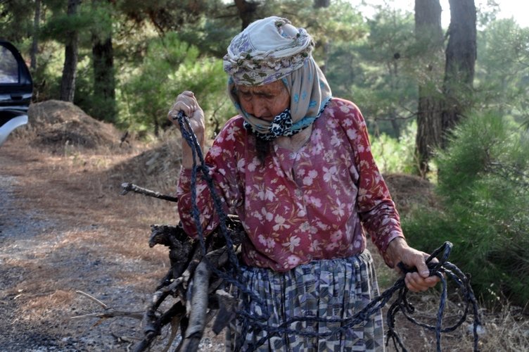 Çanakkale’de 94 yaşındaki Hanide Teyze kışlık odununu sırtında taşıyor