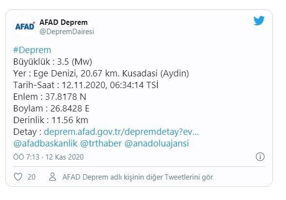 Ege Denizi’nde 3.5 büyüklüğünde deprem