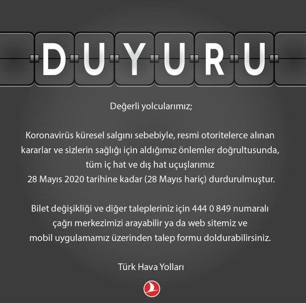 THY’den flaş duyuru: 28 Mayıs’a kadar durduruldu!
