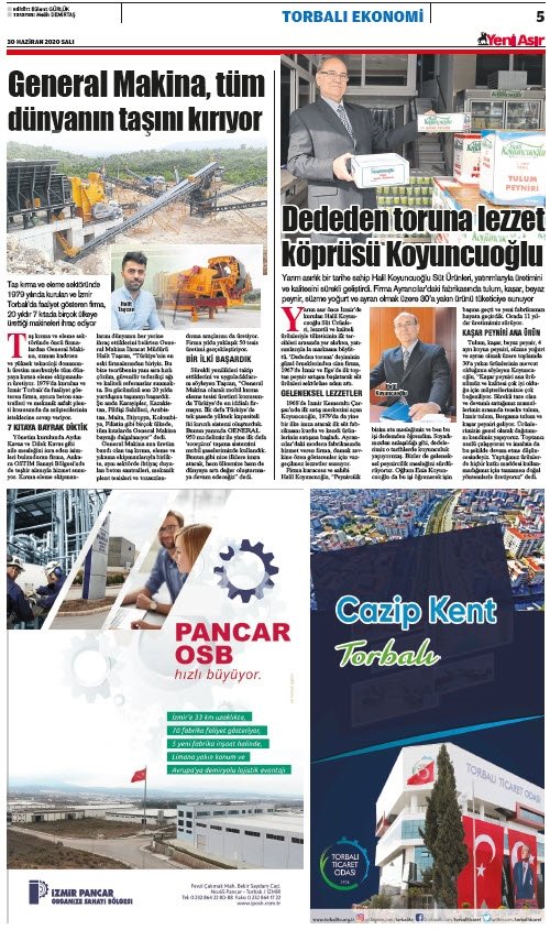 Yeni Asır Gazetesi Torbalı Ekonomi sayfaları 30 Haziran 2020