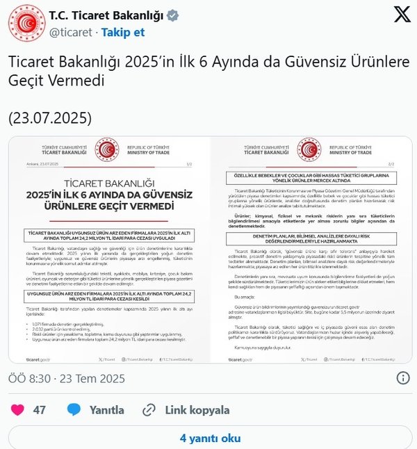 Ticaret Bakanlığı’ndan sıkı denetim! Uygunsuz ürünlere 24,2 milyon TL idari para cezası uyguladı