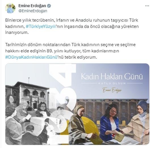 Emine Erdoğan, Türk kadınının seçme ve seçilme hakkını elde etmesinin 89. yılını kutladı
