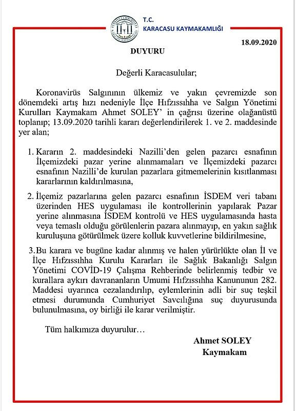 Karacasu’da kısıtlamalar kaldırıldı