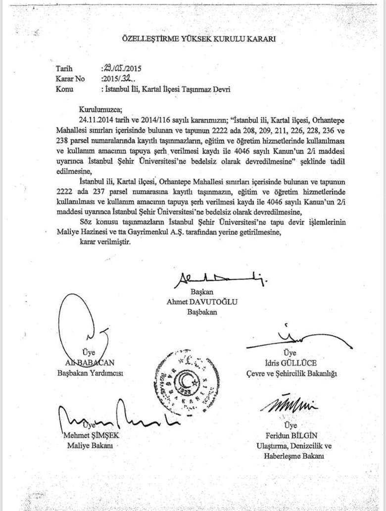 Ahmet Davutoğlu İstanbul Şehir Üniversitesi’ne usulsüz şekilde bedelsiz arazi tahsis etmiş!