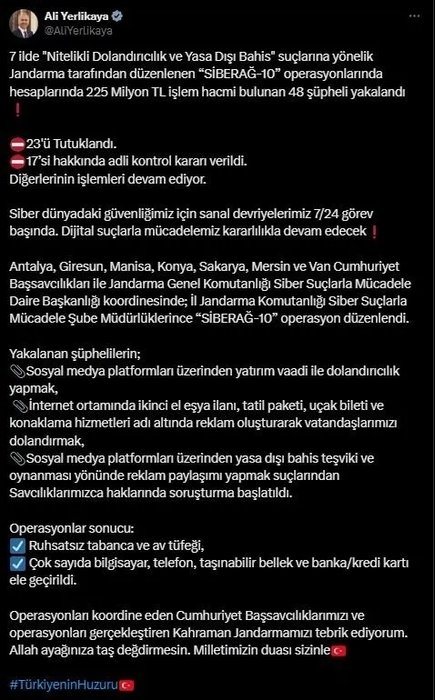 Bakan Yerlikaya duyurdu! Manisa dahil 7 ilde Siberağ-10 operasyonu