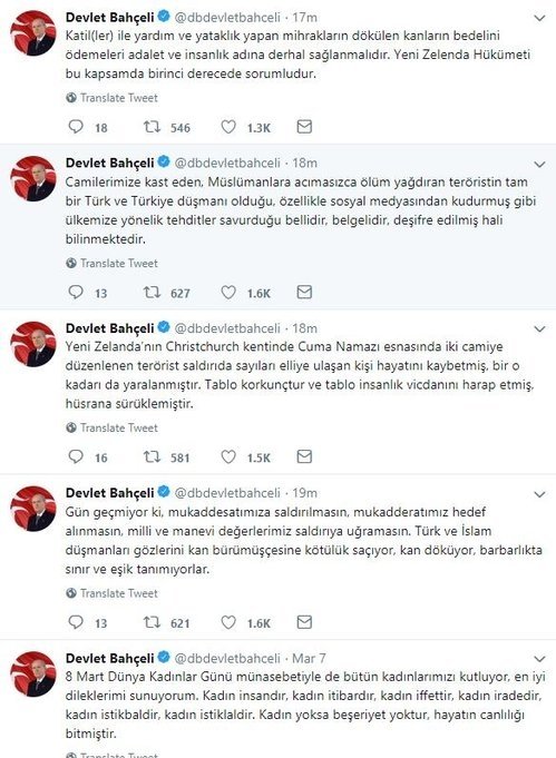 Bahçeli’den Yeni Zelanda’daki cami katliamına sert tepki