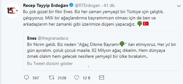 Başkan Erdoğan’dan Ağaç Dikme Bayramı önerisine destek
