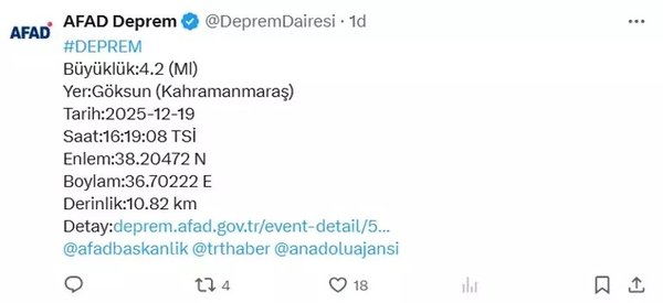 Son dakika: AFAD duyurdu: Kahramanmaraş’ta 4,2 büyüklüğünde deprem