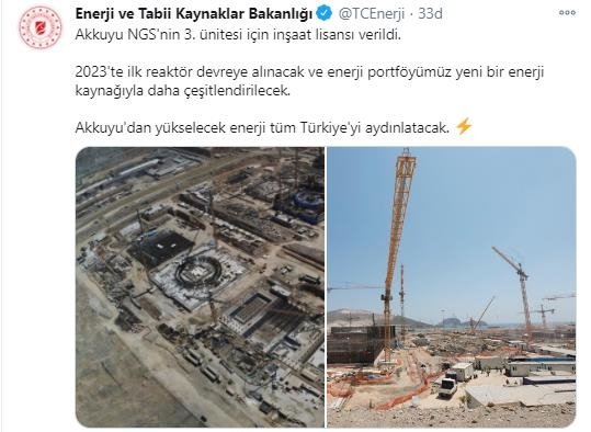 Akkuyu NGS’nin 3. ünitesine inşaat lisansı verildi! Bakanlık müjdeyi verdi: 2023’te devreye alınıyor