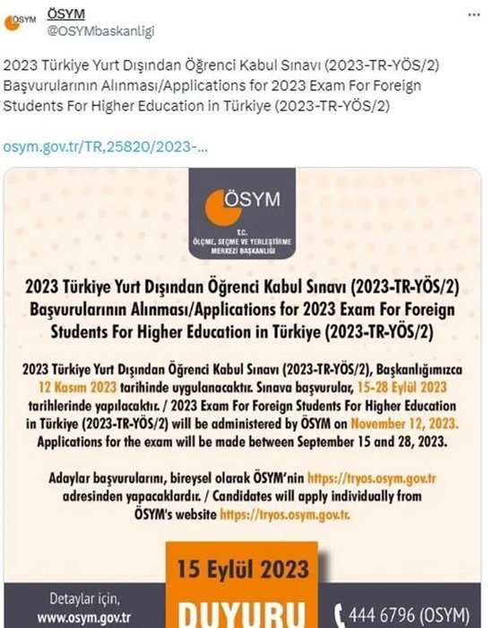 2023 Türkiye Yurt Dışından Öğrenci Kabul Sınavı YÖS/2 başvuruları başladı