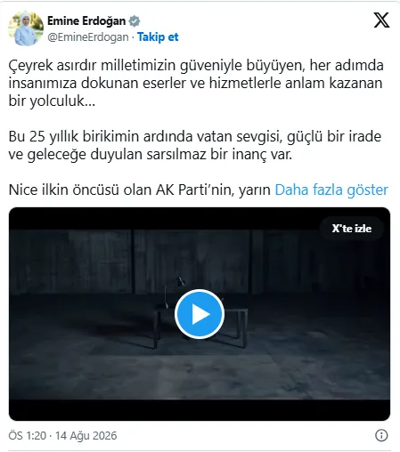 Emine Erdoğan AK Parti’nin 25’inci kuruluş yıl dönümünü kutladı