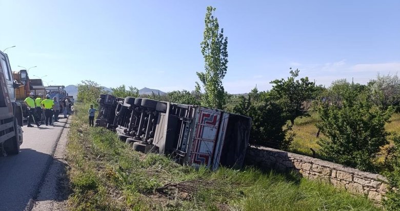 Angus yüklü TIR devrildi, 1 kişi yaralandı