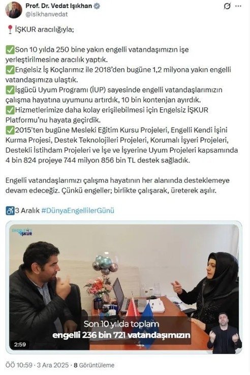 Bakan Işıkhan: 10 yılda 250 bin engelli vatandaş işe yerleştirildi