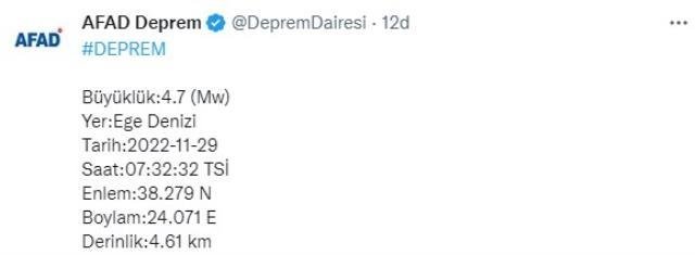 Ege Denizi’nde 4.7 büyüklüğünde deprem
