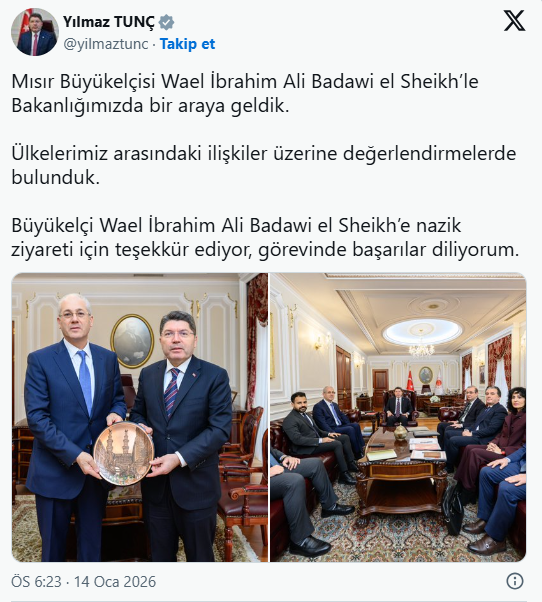 Adalet Bakanı Tunç, Mısır’ın Ankara Büyükelçisi ile görüştü