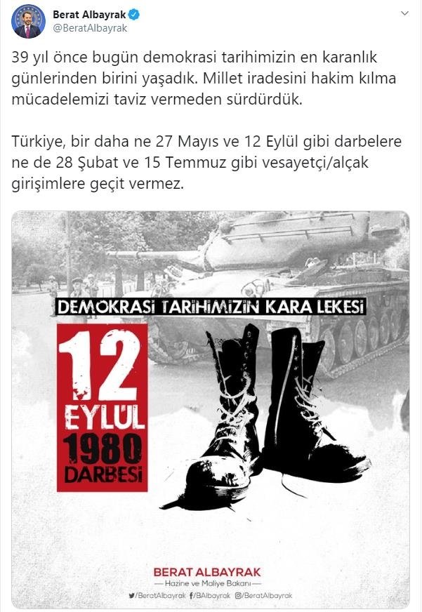 Hazine ve Maliye Bakanı Berat Albayrak’tan 12 Eylül mesajı