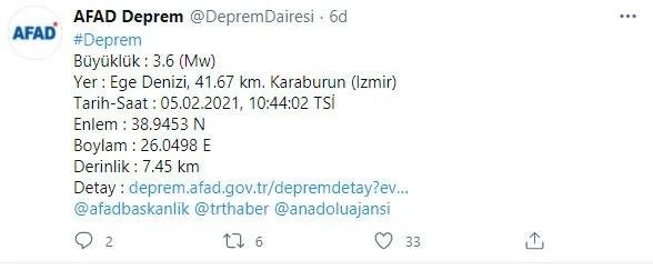 İzmir Karaburun’da 3.6 büyüklüğünde deprem