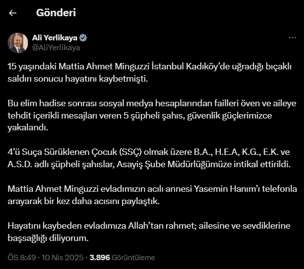 Bakan Yerlikaya duyurdu: Mattia Ahmet Minguzzi’nin ailesini tehdit eden 5 şüpheli yakalandı