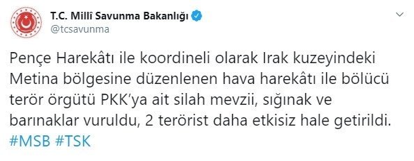 Irak kuzeyine hava harekatında 2 terörist etkisiz hale getirildi