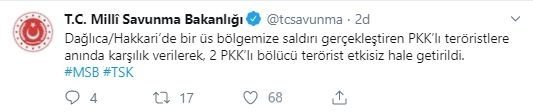 Hakkari Dağlıca’da saldırı girişimi: 2 terörist öldürüldü