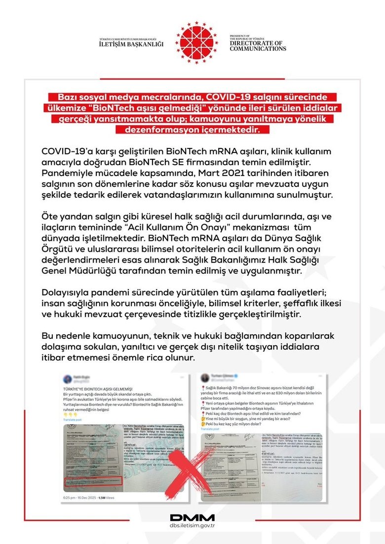 DMM’den Türkiye’ye BioNTech aşıları gelmedi iddialarına yalanlama!