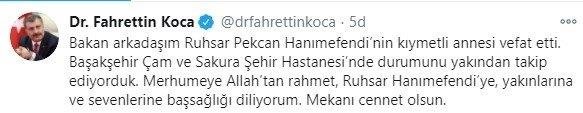 Sağlık Bakanı Fahrettin Koca: Ticaret Bakanı Ruhsar Pekcan’ın annesi vefat etti