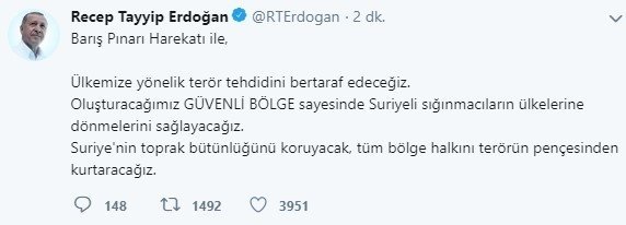 Başkan Erdoğan: ’Barış Pınarı Harekatı’ başladı