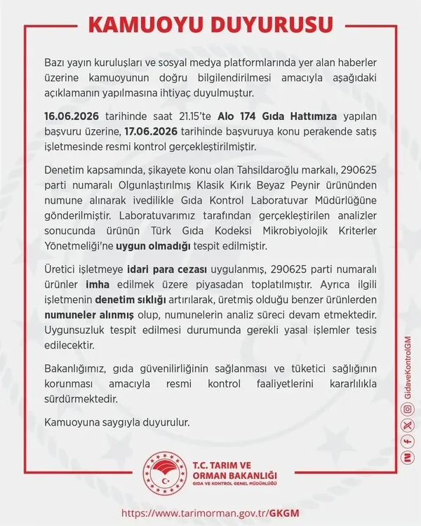 Son dakika: Bakanlıktan Tahsildaroğlu peyniri için toplatma kararı