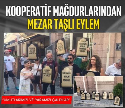 Kooperatif mağdurlarından mezar taşlı eylem