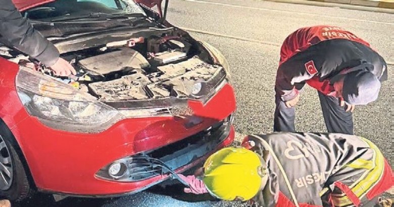 Aracın motoruna giren tilki ekiplerce kurtarıldı