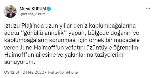 Hayatını kaybeden ’Kaptan June’ için Bakan Kurum’dan başsağlığı mesajı