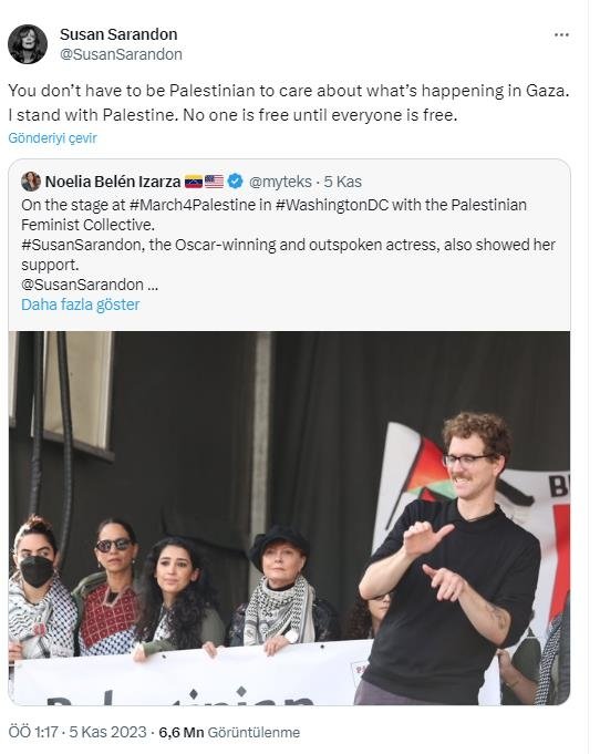 ABD’li oyuncu Susan Sarandon: Filistin’in yanındayım