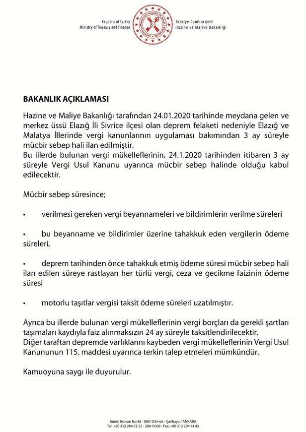 Elazığ ve Malatya için 3 ay boyunca mücbir sebep hali ilan edildi
