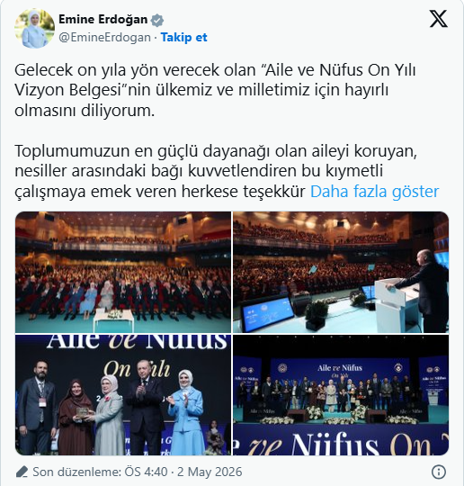Emine Erdoğan’dan Aile ve Nüfus 10 Yılı Vizyon Belgesi paylaşımı