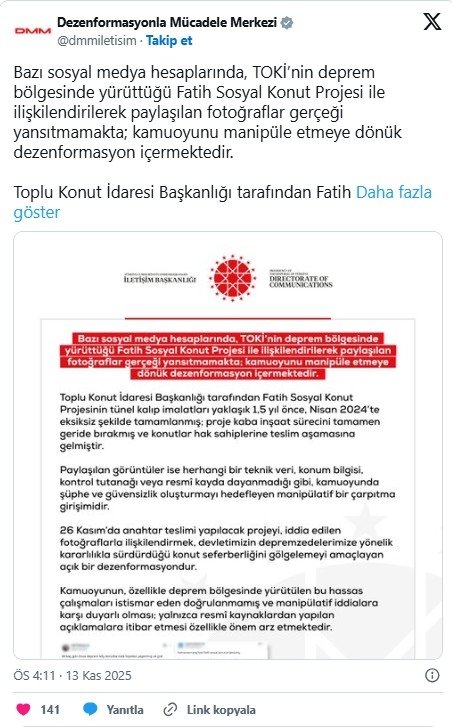 DMM’den deprem bölgesinde TOKİ binalarına ilişkin iddialara yalanlama!
