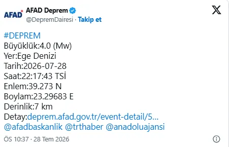 SON DAKİKA: Ege’de deprem