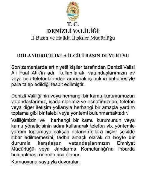 Denizli Valiliği vatandaşları dolandırıcılar konusunda uyardı