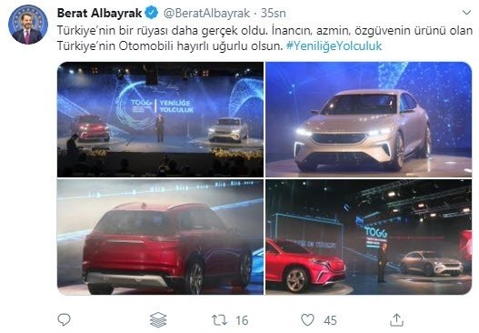 Bakan Albayrak’tan yerli otomobil paylaşımı: Türkiye’nin bir rüyası daha gerçek oldu