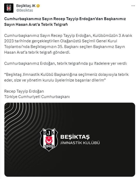 Başkan Erdoğan’dan Beşiktaş Başkanı Hasan Arat’a tebrik telgrafı