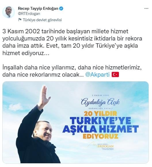 Başkan Erdoğan'dan 3 Kasım paylaşımı: Nice hizmetlerimiz, nice rekorlarımız olacak - Gündem Haberleri