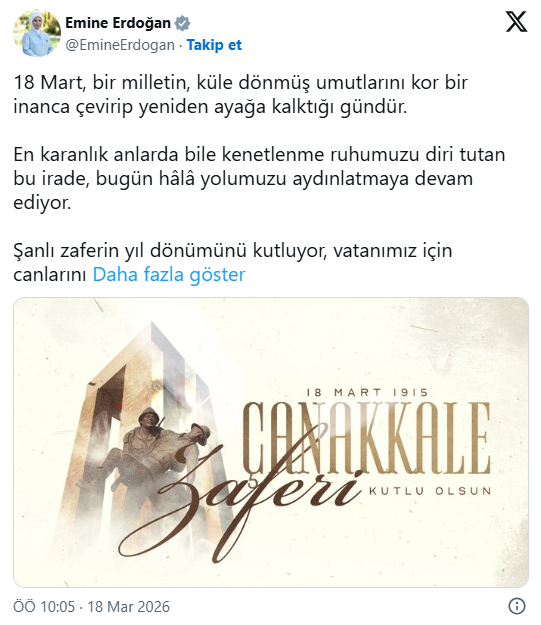 Emine Erdoğan’dan Çanakkale Deniz Zaferi paylaşımı: Onların emaneti olan bu topraklar, en kıymetli mirastır
