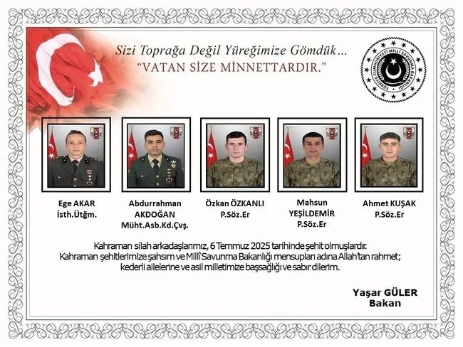 MSB acı haberi duyurdu! Kuzey Irak’ta metan gazı zehirlenmesi: 5 askerimiz şehit oldu