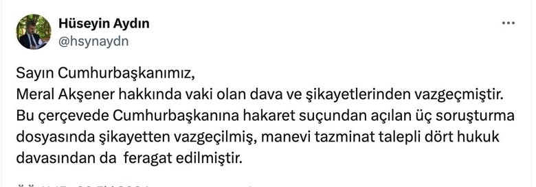Başkan Erdoğan, Meral Akşener hakkında açtığı davalardan feragat etti