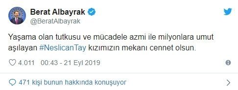 Hazine ve Maliye Bakanı Berat Albayrak’tan Neslican Tay mesajı