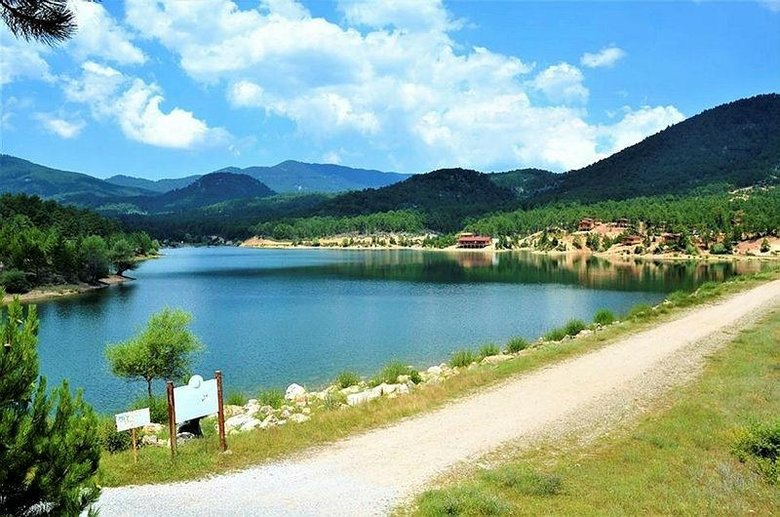 Gölet, orman ve bungalov evleri eşsiz bir manzara sunuyor